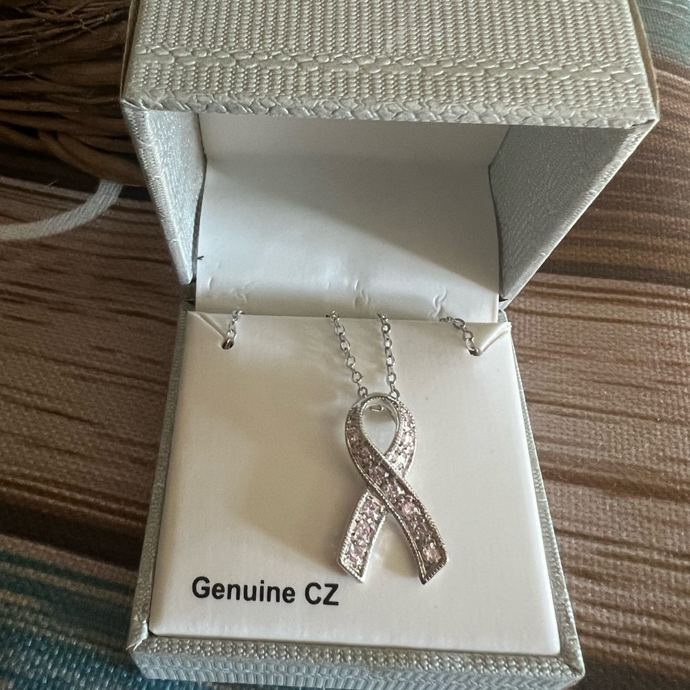 Breast Cancer Pink Ribbon ๐ Silver Necklace Genuine CZ - Picture 4 of 7